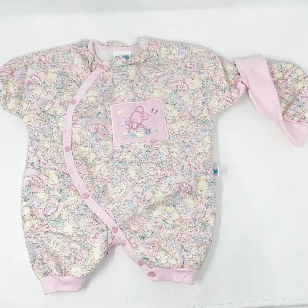 Vintage Little Me Bunny Pastel Romper Hat Baby‎ 3 Months Pink Floral One Piece